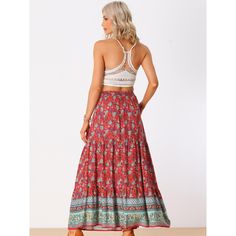 This floral printed skirt makes a great vacation choice. Women's boho vintage print maxi skirt, a must-have skirt and a good skirt gift idea for Spring, Summer, and Fall. Regular fit, just enjoy your leisure time with ease. Team with flat sandals and a relaxed shirt or peasant top. Pair it with sandals or heels for a perfect look. Flowy Printed Maxi Skirt For Beach, Hippie Floral Print Maxi Skirt For The Beach, Hippie Floral Print Maxi Skirt For Vacation, Boho Print Long Skirt For Vacation, Bohemian Lined Maxi Skirt For Vacation, Bohemian Maxi Skirt For Vacation With Lined Skirt, Bohemian Vacation Lined Maxi Skirt, Bohemian Skirt For Vacation, Casual Skirt For Festival And Beach Season