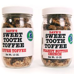 two jars of sweet tooth toffee and peanut butter crunch on a white background