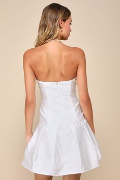 Get ready to feel effortlessly flawless with a luxe look like the Lulus Best Charm White Taffeta Strapless Mini Dress! Look stunning all night long with this too-cute dress that has a sleek, structured satin construction, shaping a strapless bodice (with hidden no-slip strips) and a flirty sweetheart neckline with a plunging notched detail and supportive V-bar. The figure-flaunting silhouette features flattering seam detailing as it falls to a drop-waist and a pleated mini hem. Hidden back zippe Strapless Ruched Satin Dress, Strapless Satin Corset Dress With Ruched Detail, Glamorous Strapless Ruched Satin Dress, Elegant Taffeta Mini Dress For Prom, Strapless Ruched Satin Cocktail Dress, Strapless Satin Dress With Pleated Bodice, Evening Strapless Ruched Satin Dress, Ruched Satin Strapless Dress For Evening, Strapless Satin Dress With Ruched Bodice For Night Out