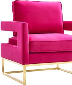 a bright pink chair with gold legs on a white background