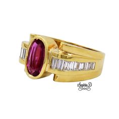 18K yellow gold ring with diamond and ruby.    Sophia D by Joseph Dardashti LTD has been known worldwide for 35 years and are inspired by classic Art Deco design that merges with modern manufacturing techniques. Gold Ruby Baguette Cut Diamond Ring, Gold Baguette Cut Ruby Diamond Ring, Art Deco Yellow Gold Ruby Ring For Formal Events, Gold Ruby Baguette Cut Rings, Formal Art Deco Ruby Ring In Yellow Gold, Exquisite Yellow Gold Ruby Ring, Luxury Art Deco Yellow Gold Ruby Ring, Heirloom Yellow Gold Cabochon Ruby Ring, Fine Jewelry Cabochon Ruby Ring In Yellow Gold