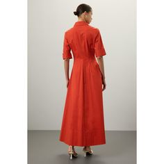 Red cotton (98% Cotton, 2% Spandex). Casual dress. Short sleeves. Collared neckline. Front button closure. 45.5" from shoulder to hemline. Imported. Formal A-line Cotton Shirt Dress, Classic Evening Cotton Dresses, Cotton A-line Office Dress, Elegant Cotton Maxi Dress With Buttons, Staud Fitted Dress For Workwear, Fitted Cotton Shirt Dress, Fitted Cotton Solid Color Shirt Dress, Fitted Solid Color Cotton Shirt Dress, Elegant Cotton Dresses By Staud