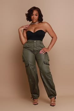 Trousers And Bodysuit Outfit, Tube Top Bodysuit Outfit, Black Cargo Pants Outfit Dressy, Neutral Earthy Tones Outfits, Utility Nylon Cargo Pants, Trendy High Waist Cargo Parachute Pants, Urban Style High Waist Fitted Cargo Pants, Urban High Waist Fitted Cargo Pants, Fitted Nylon Pants For Fall