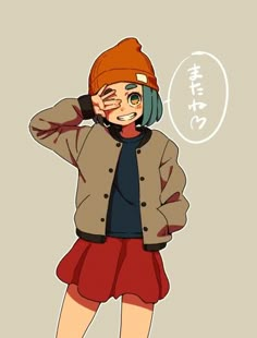 an anime character wearing a red skirt and brown jacket with her hand on her head