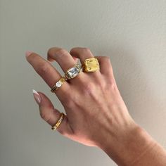 Chunky gold ring - This three stoned ring is a sparkly stunning piece shining from all sides. The perfect gold ring to add to your collection. This gold ring has a vintage vibe and makes for a great gift for moms, best friends, and anyone you love. - gold filled - stainless steel and gold - cz stone - Style: Minimalist WHY VASI Jewelry? - Ethically sourced gems and stones - Made with recycled gold - Handmade or designed/sourced - Shop local (based in Chicago) - Beats major competitors prices  - Long lasting quality - Modern and trendy - Dainty minimal pieces - Free shipping over $35 - Good reviews (checkout vasijewelry.com) VASI: follow along on instagram @vasi.jewelry or shop the site http://vasijewelry.com Care - protect your jewelry from things that could scratch the surface - keep away Gold Plated Crystal Ring With Vs Clarity For Promise, Classic Open Crystal Ring For Everyday, Classic Cubic Zirconia Jewelry With Ring Detail, Classic Everyday Crystal Ring, Elegant Crystal Toe Ring, Silver Crystal Ring In Gold Plated Fine Jewelry, Silver Crystal Ring In Gold Plated Style, Silver Crystal Ring Gold Plated Fine Jewelry, Gold Crystal Ring For Promise, Tarnish Resistant