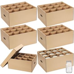 six empty boxes with lids are shown next to each other, and one is open