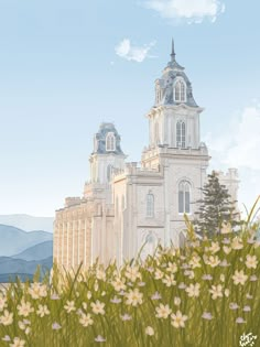 a painting of a large building with flowers in front of it and mountains in the background