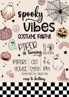 a halloween party flyer with pumpkins, ghostes and other decorations on it's side