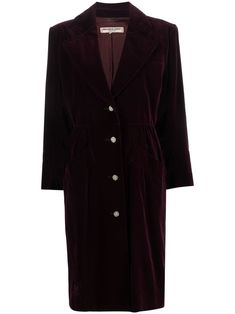 burgundy velvet rhinestone-embellished buttons notched lapels front button fastening long sleeves buttoned cuffs elasticated waist two side slash pockets below-knee length Velvet Coat Outfit, Plum Dress, Velvet Coat, Versace Outfit, Burgundy Velvet, Dress Coat, Current Styles, Purple Velvet, Plum Purple