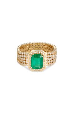 Five rows of white diamonds sparkle on this stunning 18-karat gold ring topped with a vibrant emerald. 1/4" band width; 3/8"W x 3/8"L setting Total emerald weight: 1.88ct. Total diamond weight: 2.58ct. Color: F Clarity: VS 18k gold/emerald/diamond Made in the USA >Diamond Guide Celestial Wedding, Emerald Diamond Ring, Diamond Guide, Emerald Diamond, White Diamonds, Womens Jewelry Rings, Yellow Gold Rings, Diamond White, Turquoise Ring