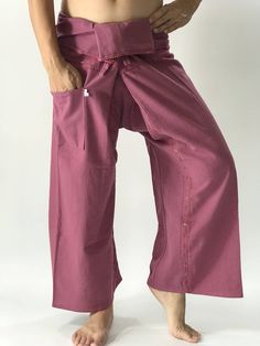 "Unisex Thai fisherman pants. One size fits all. You can wear in many occasions, casual wear, yoga wear, maternity wear, relax at home, travel etc. If you are looking for some pants that you can wear everywhere, comfortable, relax and Easy to wear. Thai fisherman pants is Answer!! Nice gift for yourself or your lover One pocket on the side for storing your items such as wallets, mobile phones, etc Approx. Measurements: One size can fits most and 1 Pockets Measurement Waist 27\" (69 cms) Length 4 Cotton Bottoms With Pockets For Relaxation, Casual Cotton Harem Pants For Relaxation, Yoga Pants With Pockets For Loungewear, Loungewear Yoga Pants With Pockets, Long Yoga Pants With Pockets For Loungewear, Casual Straight Leg Yoga Pants For Relaxation, Casual Straight Yoga Pants, Cotton Straight Leg Bottoms For Relaxation, Loosely Fitted Yoga Pants With Pockets For Loungewear