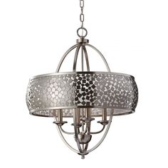 a chandelier that is hanging from a metal rod with an intricate design on it