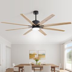 a modern ceiling fan in a dining room