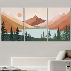 three paintings on the wall in a living room