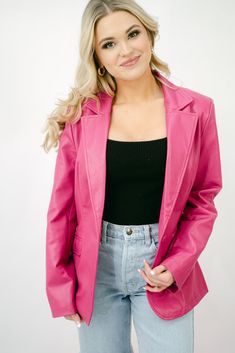 This matte faux leather jacket features a classic collared and button front fit with a slim tailored shape. Our has the look and feel of real leather and it's incredibly soft and supple, so it hangs well. Pair this easy blazer over dresses or with dress pants, or dress it down with jeans. Also available in black! runs true to size with a boyfriend cut you will love the pinstripe satin lining has some stretch model, Jordan is wearing a size small Spring Faux Leather Blazer With Button Closure, Chic Single Breasted Faux Leather Jacket, Chic Single-breasted Faux Leather Jacket, Spring Faux Leather Jacket With Button Closure, Spring Fitted Faux Leather Blazer, Spring Chic Leather Jacket With Button Closure, Chic Spring Leather Jacket With Button Closure, Fitted Faux Leather Blazer For Fall, Chic Solid Color Faux Leather Jacket