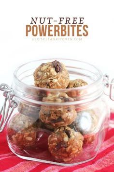 no bake energy bites in a glass jar on a red and white tablecloth