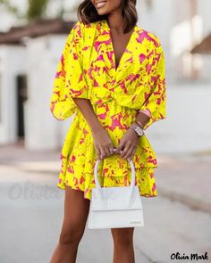 Color: yellow, Size: M Yellow Printed Mini Dress, Yellow Floral Print Mini Dress For Spring, Spring Yellow Floral Print Mini Dress, Trendy Yellow Mini Dress For Vacation, Yellow Printed Mini Dress For Brunch, Yellow Mini Dress For Spring Beach Outing, Trendy Yellow Dress For Spring, Trendy Yellow Dresses For Day Out, Yellow Printed Mini Dress For Beach