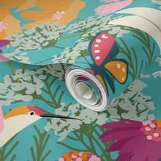 an image of a wallpaper with flowers and birds on it's surface, including a roll of tape