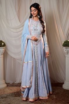 Powder blue block printed anarkali with zardosi embroidered yoke. Comes with a mukaish embroidered dupatta. - Aza Fashions Blue Anarkali Set With Zari Work For Transitional Season, Transitional Blue Anarkali Set With Zari Work, Blue Anarkali Set For Transitional Season, Blue Anarkali Set With Zari Work Straight Kurta, Blue Anarkali Set With Zari Work, Blue Anarkali Traditional Wear, Blue Anarkali Churidar With Cutdana, Anarkali Blue Churidar With Cutdana, Blue Anarkali Set With Traditional Drape