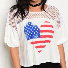 Women's T-Shirt With American Flag. Made In Usa Casual Heart Graphic T-shirt For Spring, Casual T-shirt With Heart Graphic For Spring, Summer Tops With Heart Graphic And Crew Neck, Trendy Crew Neck Top With Heart Graphic, Spring Graphic Tee With Heart Design, Patriotic Crew Neck T-shirt For Spring, Casual Short Sleeve Tops With Heart Graphic, White T-shirt With American Flag Print For Spring, Spring Short Sleeve Top With Heart Graphic