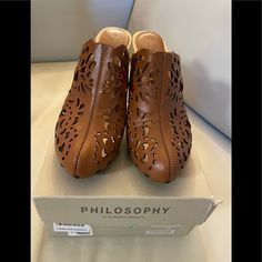 A Gorgeous And Authentic Pair Of Philosophy Springy Closed Toe Open Back High Heeled Clogs! Available With Original Box! Made In Italy! Brown Leather Clogs With 4-inch Heel, Brown Slip-on Platform Heels, Brown Platform Slip-on Heels, Elegant Brown Clogs For Spring, Elegant Brown Spring Clogs, Chic Brown Almond Toe Clogs, Brown Mules With Wooden Heel And Almond Toe, Leather Clogs With 4-inch Heel For Spring, Leather Wedge Mules With 4-inch Heel