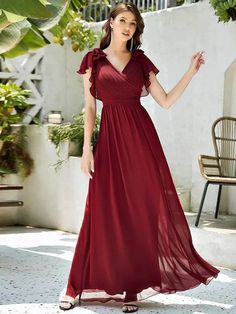 Elegant Pleated Bodice Ruffles Sleeves Chiffon Evening Dress Long Chiffon Evening Dress, Ruffles Sleeves, Chiffon Evening Dress, Dress With Ruffle Sleeves, Bridesmaid Dress Ideas, Dresses For Weddings, Maroon Dress, Chiffon Evening Dresses, Ever Pretty