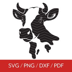 a black and white cow face with the word svg / png / dxf