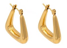 Introducing our Imogen Earrings, the perfect addition to your jewelry collection! These stunning gold triangle hoops are sure to elevate any outfit and make a statement. Sleek and stylish, these earrings are a must-have for any fashion-forward individual. Get ready to turn heads and shine with our Imogen Earrings! Trendy Pierced Hoop Earrings For Formal Occasions, Elegant Triangle Earrings For Formal Occasions, Modern Triangle Gold Hoop Earrings, Gold Triangle Jewelry For Formal Occasions, Trendy Triangular Gold Jewelry, Trendy Gold Triangle Jewelry, Elegant Everyday Triangle Earrings, Triangle Gold Metal Earrings, Gold Triangle Metal Earrings