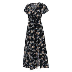 Black V Neck Split Chiffon Floral Dress Chiffon Floral, Floral Chiffon Dress, Split Dress, Floral Print Tops, Floral Chiffon, Split, Mid Length Dresses, Cutout Dress, Chiffon Fabric