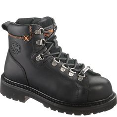 These 83668 Harley Davidson Women's Gabby Safety Boots are made with the biker in mind. Harley Davidson boots are crafted with style and performance combining classic Harley Davidson designs into its footwear. Harley Davidson detailing in a collection of footwear sure to satisfy your inner rider. 5" Shaft Full Grain Leather Full Length Cushion Sock Lining Goodyear® Welt Construction Rubber Outsole Heel Height: 1.25" Steel Toe Rated ASTM F2413-11 M 1/75 C/75   Electrical Hazard Compliant With Ind Black Biker Waterproof Boots With Steel Toe, Black Steel Toe Biker Boots, Black Biker Style Waterproof Boots With Steel Toe, Biker Boots With Steel Toe For Outdoor, Black Steel Toe Boots For Motorcycling, Biker Style Steel Toe Boots For Outdoor, Biker Style Leather Work Boots With Snip Toe, Biker Boots With Snip Toe And Reinforced Toe, Biker Boots With Reinforced Snip Toe