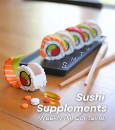 sushi ingredients on a wooden table with chopsticks next to it and the words sushi supplements written in japanese