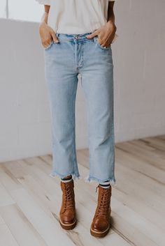 Cute Light Blue Wash Straight Jeans | ROOLEE Everyday Medium Wash Flare Jeans With Frayed Hem, Everyday Light Wash Flare Jeans With Frayed Hem, Everyday Light Wash Jeans With Frayed Hem, Mid-rise Flare Jeans With Frayed Hem, Light Wash Jeans With Frayed Hem For Everyday, Everyday Medium Wash Cropped Jeans With Frayed Hem, Everyday Cutoff Flare Jeans With Frayed Hem, Mid-rise Jeans With Frayed Hem In Denim Blue, Fall Straight Leg Cropped Jeans With Frayed Hem