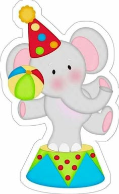 an elephant with a party hat on top of it's head holding a ball