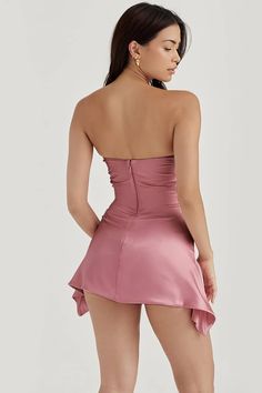 #color_PaleVioletRed Backless Skirt, Satin Bodycon Dress, French Dress, Tube Top Dress, Solid Color Dress, Everyday Dresses, Romper With Skirt, Short Skirt, Glamorous Evening Gowns