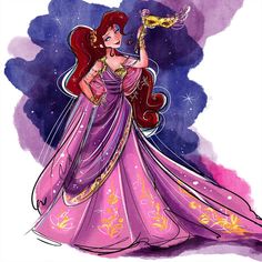 a drawing of a woman in a purple dress holding a bird on her hand and wearing a tiara