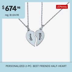 Your friendship completes each other. Be reminded of her faithfulness with these personalized necklaces—each is a half heart that fits like a puzzle piece when placed side by side. Made in America.Personalize: 2 names, up to 10 letters each# Pieces In Set: 2Features: Personalized, Quick ShipMetal Color: WhiteChain Length: 18 InchChain Width: .65 MillimetersChain Construction: RopeMetal: 14k GoldNecklace Type: Pendant NecklacesAssembled in the US from Imported Materials Customized Pendant Jewelry For Best Friend Gift, Personalized Inspirational Jewelry For Friendship, Customized Jewelry For Friendship On Valentine's Day, Customized Jewelry For Valentine's Day Friendship, Customizable Pendant Jewelry For Best Friend Gift, Customized Sterling Silver Jewelry For Friendship, Engraved Sterling Silver Necklace For Friendship, Sterling Silver Engraved Necklace For Friendship, Engraved Sterling Silver Friendship Necklace