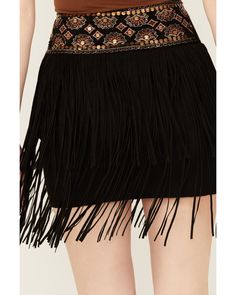 Shyanne Women's Decorated Waist Fringe Skirt , Black Elastane Short Skirt For Night Out, Short Elastane Skirt For Night Out, Elastane Skirt For Night Out In Fall, Spring Party Mini Skirt In Elastane, Elastane Short Skirt For Party, Party Short Elastane Skirt, Short Length Elastane Skirt For Party, Fitted Mini Skirt With Fringe, Party Mini Skirt In Elastane