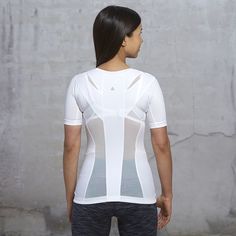 The Lady's Posture Correcting Neuroband Shirt3 Breathable Fitted Tops For Pilates, Supportive White Workout Top, Supportive Compressive Tops For Pilates, Functional Fitted Activewear With Medium Bust Support, Fitted Short Sleeve Activewear With Light Support, White Fitted Technical Activewear, Fitted White Breathable T-shirt, High Stretch White Top For Pilates, High Stretch White Tops For Pilates