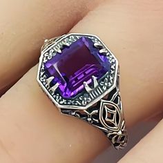 Vintage Vivid Purple Lab-Created Amethyst In 925 Solid Sterling Silver Solitaire Ring. Stamped 925. Excellent Condition, Satisfaction Guaranteed! Vintage Sterling Silver Gemstones For Gift, Purple Sterling Silver Filigree Jewelry, Formal Amethyst 925 Stamped Jewelry, Formal 925 Stamped Amethyst Jewelry, Purple Amethyst Ring With Intricate Design, Purple Anniversary Rings With Intricate Design, Purple Jewelry For Formal Occasions, Sterling Silver Purple Jewelry With Intricate Design, Antique Sterling Silver Jewelry With Birthstone