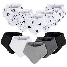 Keep your baby's clothes cute and clean with these stylish bandana baby bibs. This set includes ten bibs suitable for both baby boys and girls in black, white, and grey, with a mixture of solids and patterns to match any outfit. The snap design makes them easy to put on and holds them securely. Made from 100% soft cotton, they're durable, easy to clean, and perfect for both home and on-the-go use. We use STANDARD 100 by OEKO-TEX® certification on products tested in an independent laboratory against a list of more than 400 harmful substances, including PFAS. Baby Boy Bibs, Aesthetic Galaxy, Baby Size Chart, Baby Wardrobe, Boy Bib, Baby Bandana Bibs, Bandana Bibs, Bandana Styles, Bandana Baby