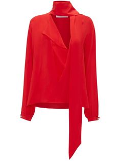 bright red silk crepe de chine scarf detailing plunging V-neck wide sleeves buttoned cuffs straight hem Trouser Chain, Victoria Beckham Outfits, Valentino Red, Silk Blouses, Button Sleeves, Scarf Neck, Elegant Drapes, Croc Leather, Women's Tank Tops