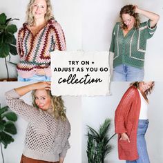 four women in sweaters and jeans with the words try on adjust as you go collection