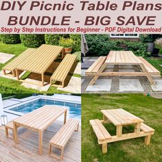 wooden picnic tables and benches with text overlay that reads diy picnic table plans bundle - big save