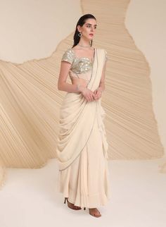 Divya Aggarwal, Concept Saree, Blouse Yoke, Corset Blouse, Personal Shopping Service, Satin Tulle, Ivory Fabric, Indian Couture, Modern Vibe