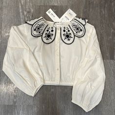 New With Tag. Embroidered Collar Top For Fall, Embroidered Fall Tops With Collar, Cute Zara Long Sleeve Blouse, Cotton Tops With Cute Collar For Fall, Cute Collar Cotton Tops For Spring, White Top With Cute Collar For Fall, White Collared Top For Fall, Cute Spring Tops With Collar, Cute Long Sleeve Zara Blouse