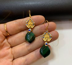 -Metal: 925 Sterling Silver + 18K gold vermeil  -Earring Dimension:32mm -Gemstone:Natural  Malachite  -Quantity:One Pair Earrings -Malachite Dangle Drop Earrings,Green Gemstone Earrings, Geometric Earrings for Women,Birthstone Earrings, Anniversary Gift for Her  We are able custom make, please kindly let me know if you would like to do custom make! These malachite enamelled earrings are striking with their unique design and superb craftsmanship. The body of the earrings is crafted from high-qual Elegant Peacock Jewelry For Formal Occasions, Elegant Peacock Colored Jewelry For Formal Occasions, Elegant Sterling Silver Earrings With Peacock Design, Handmade Peacock Colored Jewelry For Weddings, Handmade Peacock Wedding Jewelry, Elegant Handmade Danglers For Anniversary, Elegant Handmade Danglers For Celebration, Elegant Earrings With Peacock Design For Celebrations, Elegant Peacock Design Earrings For Festive Occasions