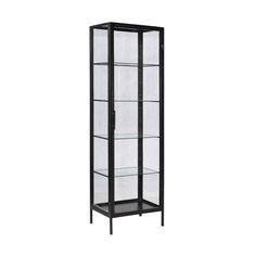 a black glass display case with two shelves