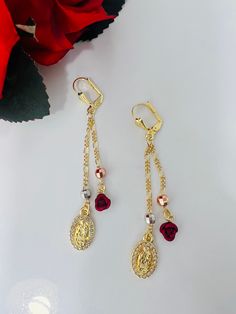 Virgencita gold plated earrings Yellow Gold Earrings With Dangling Charms For Gift, Yellow Gold Earrings With Dangling Charms As Gift, Gold Drop Flower Earrings, Gold Drop Flower Earrings For Pierced Ears, Rose Gold Single Earring Gold Plated, Gold Crystal Pierced Earrings As Gift, Gold Crystal Pierced Earrings For Gift, Gold Crystal Single Earring As A Gift, Gold-plated Dangle Flower Earrings For Pierced Ears