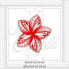 a red and white flower with an ornate frame on the bottom, surrounded by flowers