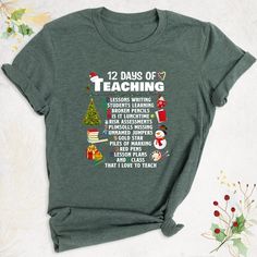 "Teacher Christmas shirt,12 Days of Teaching Christmas Shirt, Teacher Holiday tee, Teacher Life shirt, Christmas Gift Teacher, Teaching Shirt Hello, Thanks for your support. Your gladness comes first and all work is done with LOVE in here. Always keep your support, please:)  12 Days of Teaching Shirts are branded Bella+Canvas.   12 Days of Teaching Shirt Contents: - Solid colors: %100 Cotton. - Heather colors: %52 Cotton + %48 Polyester* This ultra-soft graphic tee is made from a comfortable cotton-poly blend that is breathable, non-shrinking, and lasts longer than your average graphic shirt. HOW TO ORDER YOUR 12 DAYS OF Teaching SHIRT -Please, Check and Review all 12 Days of TeacherShirt Photos. -Select Your 12 Days of Teaching T-Shirt Size and 12 Days of Teaching T-Shirt Color from drop- Teacher Shirts Christmas, Christmas Shirts For Teacher, Teacher Christmas Tshirt, Teacher Christmas Shirts, Christmas Teacher Shirts, Cricut Classroom, Done With Love, Teacher Costumes, Christmas Teaching